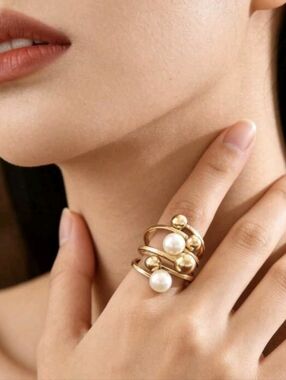 Elegant Gold Pearl Multi-Band Ring - Gold White